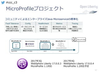 37
#ccc_c3
MicroProfileプロジェクト
コミュニティによるエンタープライズJava Microserviceの標準化
Fault Tolerance Config Healthcheck Metrics Tracing
予期しない障害に
対処するための
堅牢な動作を実現
ポータビリティを
向上させる
構成の外部化
サービスの
稼働確認と
SLAの達成
実⾏中のサービス
間の相互作⽤を管
理
複雑な
分散システムでの
問題解決
2017年3Q
WebSphere Liberty 17.0.0.3
MicroProfile 1.1対応
2017年4Q
WebSphere Liberty 17.0.0.4
MicroProfile 1.2対応予定
MicroProfile	1.0
JAX-RS
CDI
JSON-P
Eclipse	MicroProfile
Move	to	Foundation MicroProfile	1.1 MicroProfile	1.2
Config	API
Fault	Tolerance
OpenIDConnect/JWT	
Healthcheck	/health
Monitoring	/metrics Community	driven	priorities
 