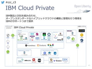 45
#ccc_c3
パブリック
クラウド
企業システム
開発⾃動化
IBM Cloud Private
IBM	Z Terraform
IBM Cloud Private
IBM製品とOSSを組み合わせ，
オープンスタンダードなハイブリッドクラウドの構築と管理を⾏う環境を
IBMのサポートつきで提供
 