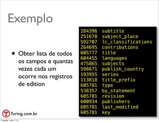 Exemplo                            284396!
                                          251678!
                                                    subtitle
                                                    subject_place
                                          592707!   lc_classifications
                                          264695!   contributions
                                          605777!   title
                                          604455!   languages

           • Obter lista de todos         475865!
                                          598671!
                                                    subjects
                                                    publish_country
                   os campos e quantas    193955!   series
                   vezes cada um          113818!   title_prefix
                                          605781!   type
                   ocorre nos registros   538357!   by_statement
                   de edition             605781!   revision
                                          600934!   publishers
                                          605781!   last_modified
                                          605781!   key

                                                               @ramalhoorg
Tuesday, July 17, 12
 