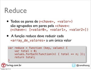 Reduce
           • Todos os pares de («chave»,        «valor»)
                   são agrupados em pares pela «chave»:
                   («chave»: [«valor0», «valor1», «valor2»])

           •       A função reduce deve reduzir cada
                   «array_de_valores» a um único valor

               var reduce = function (key, values) {
                   var total = 0;
                   values.forEach(function(n) { total += n; });
                   return total;
               }
                                                         @ramalhoorg
Tuesday, July 17, 12
 