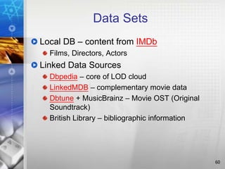Data Sets
Local DB – content from IMDb
Films, Directors, Actors
Linked Data Sources
Dbpedia – core of LOD cloud
LinkedMDB – complementary movie data
Dbtune + MusicBrainz – Movie OST (Original
Soundtrack)
British Library – bibliographic information
60
 