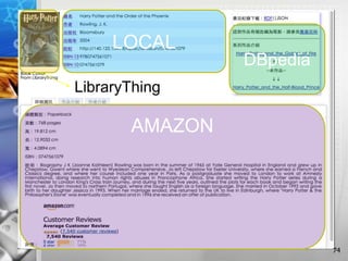 74
LOCAL
DBpedia
AMAZON
LibraryThing
 