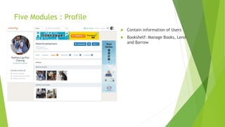 Five Modules : Profile
 Contain information of Users
 Bookshelf: Manage Books, Lend
and Borrow
 
