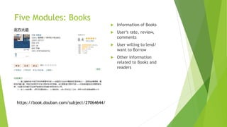 Five Modules: Books
 Information of Books
 User’s rate, review,
comments
 User willing to lend/
want to Borrow
 Other information
related to Books and
readers
https://book.douban.com/subject/27064644/
 