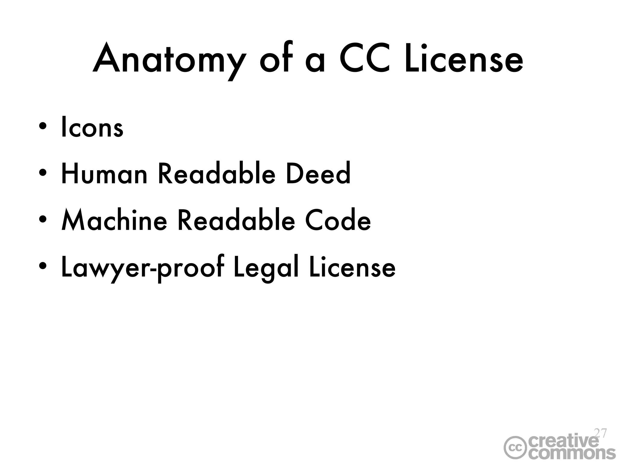 Anatomy of a CC License Icons Human Readable Deed Machine Readable Code Lawyer-proof Legal License 