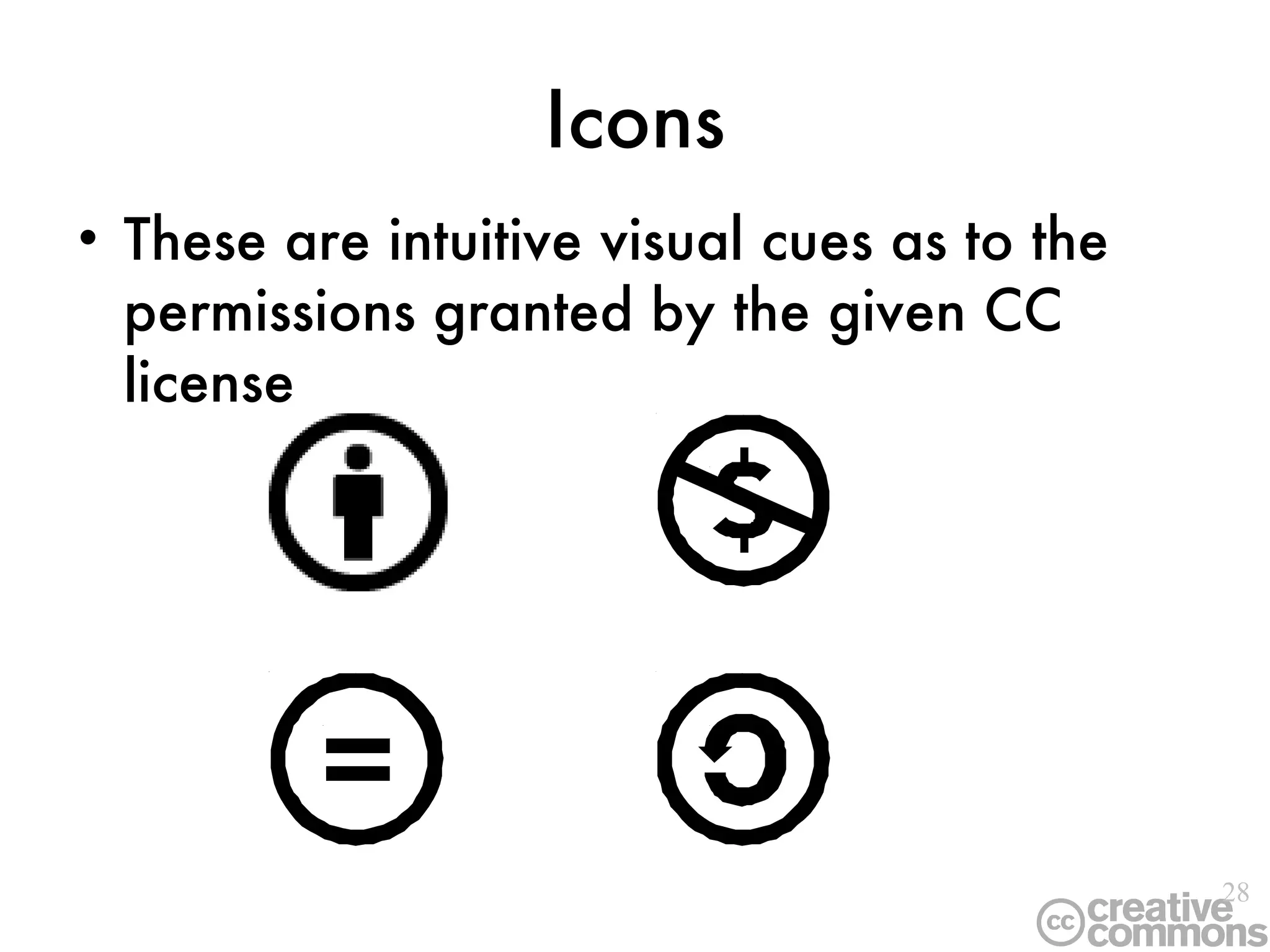 Icons These are intuitive visual cues as to the permissions granted by the given CC license 