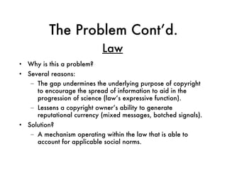 The Problem Cont’d. Why is this a problem? Several reasons: The gap undermines the underlying purpose of copyright to encourage the spread of information to aid in the progression of science (law’s expressive function). Lessens a copyright owner’s ability to generate reputational currency (mixed messages, botched signals).  Solution? A mechanism operating within the law that is able to account for applicable social norms. Law 