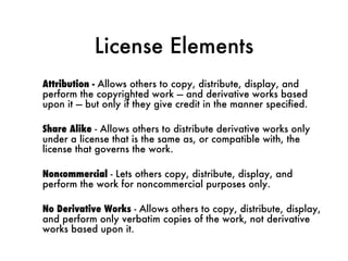 License Elements Attribution -  Allows others to copy, distribute, display, and perform the copyrighted work — and derivative works based upon it — but only if they give credit in the manner specified. Share Alike  - Allows others to distribute derivative works only under a license that is the same as, or compatible with, the license that governs the work. Noncommercial  - Lets others copy, distribute, display, and perform the work for noncommercial purposes only. No Derivative Works  - Allows others to copy, distribute, display, and perform only verbatim copies of the work, not derivative works based upon it. 
