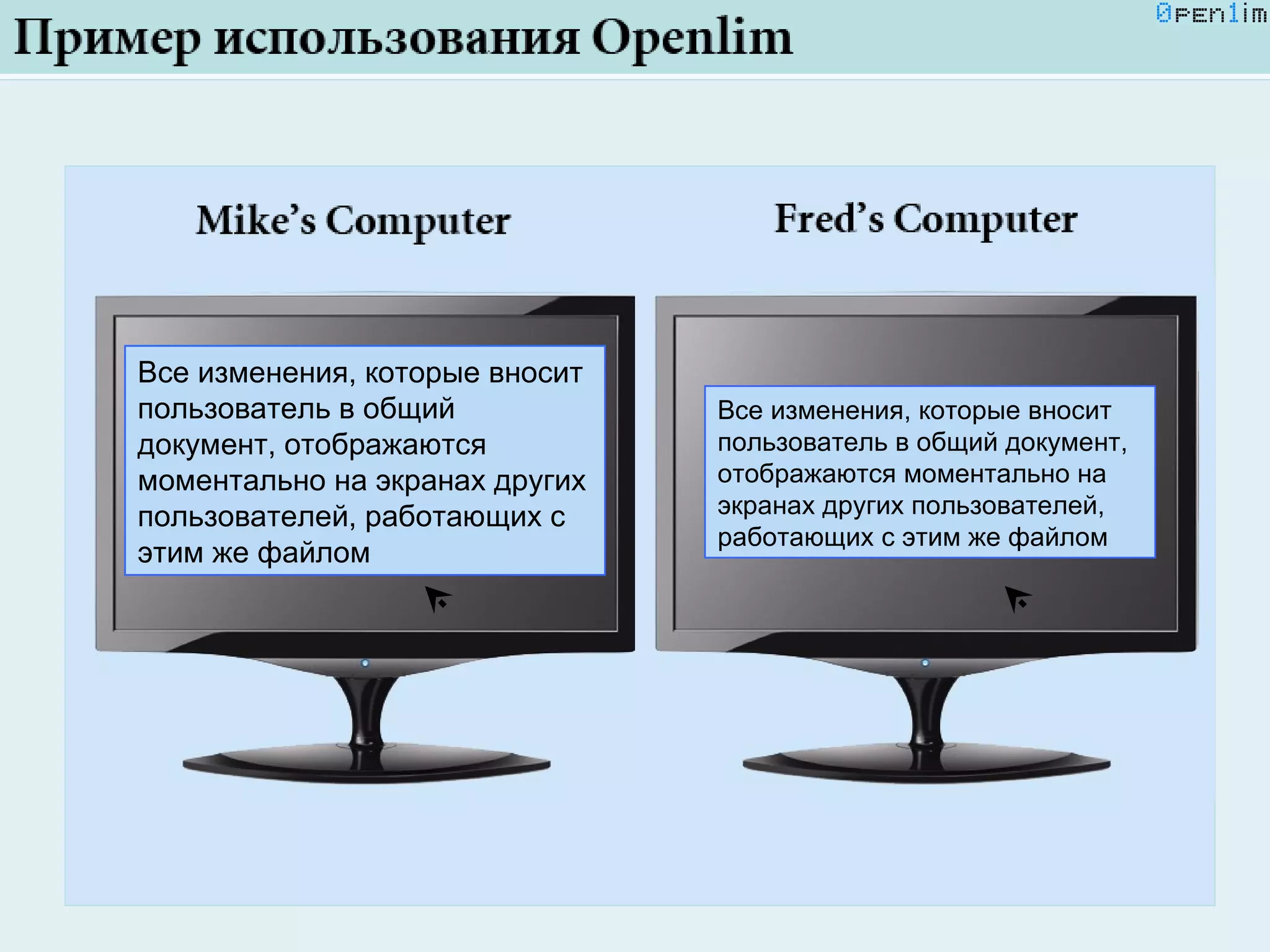 Все изменения, которые вносит пользователь в общий документ, отображаются моментально на экранах других пользователей, работающих с этим же файлом Все изменения, которые вносит пользователь в общий документ, отображаются моментально на экранах других пользователей, работающих с этим же файлом Все изменения, которые вносит пользователь в общий документ, отображаются моментально на экранах других пользователей, работающих с этим же файлом  