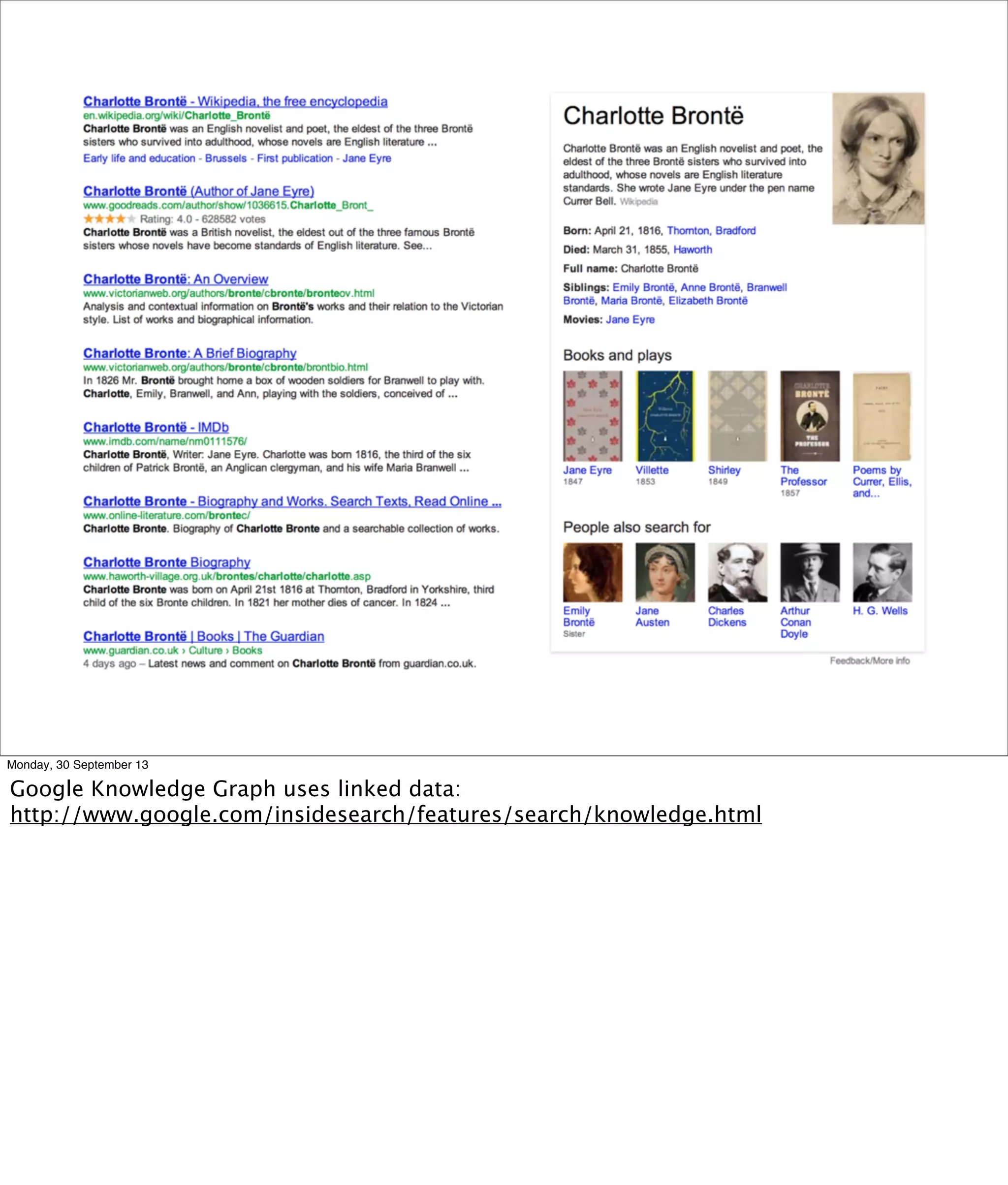 Monday, 30 September 13
Google Knowledge Graph uses linked data:
http://www.google.com/insidesearch/features/search/knowledge.html
 