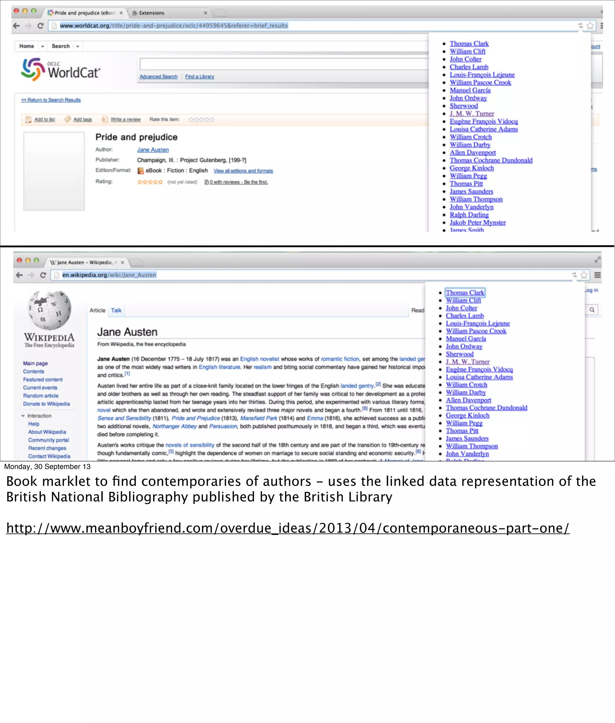 Monday, 30 September 13
Book marklet to ﬁnd contemporaries of authors - uses the linked data representation of the
British National Bibliography published by the British Library
http://www.meanboyfriend.com/overdue_ideas/2013/04/contemporaneous-part-one/
 