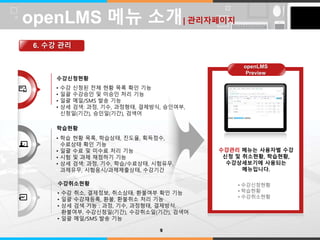 LOGO 
수강신청현황 
• 수강 신청된 전체 현황 목록 확인 기능 
• 일괄 수강승인 및 미승인 처리 기능 
• 일괄 메일/SMS 발송 기능 
• 상세 검색: 과정, 기수, 과정형태, 결제방식, 승인여부, 
신청일(기간), 승인일(기간), 검색어 
수강관리 메뉴는 사용자별 수강 
신청 및 취소현황, 학습현황, 
수강상세보기에 사용되는 
메뉴입니다. 
• 수강신청현황 
• 학습현황 
• 수강취소현황 
openLMS 메뉴 소개| 관리자페이지 
6. 수강 관리 
학습현황 
• 학습 현황 목록, 학습상태, 진도율, 획득점수, 
수료상태 확인 기능 
• 일괄 수료 및 미수료 처리 기능 
• 시험 및 과제 채점하기 기능 
• 상세 검색: 과정, 기수, 학습/수료상태, 시험유무, 
과제유무, 시험응시/과제제출상태, 수강기간 
수강취소현황 
• 수강 취소, 결제정보, 취소상태, 환불여부 확인 기능 
• 일괄 수강재등록, 환불, 환불취소 처리 기능 
• 상세 검색 기능 : 과정, 기수, 과정형태, 결제방식, 
환불여부, 수강신청일(기간), 수강취소일(기간), 검색어 
• 일괄 메일/SMS 발송 기능 
9 
openLMS 
Preview 
 
