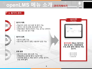 LOGO 
평가지 목록 
• 학습자의 과정 수강 설문 및 평가 기능 
• 평가지 수정 및 문항 관리/등록 기능 
• 문항유형은 객관식/주관식 가능, 보기는 5개까지 
가능, 1점~5점 점수 적용 
평가지 등록 
• 평가지 등록 기능 
• 평가지명, 평가지 설명, 사용여부 설정 가능 
문항 분류 
• 평가지의 문항 분류 등록 기능 
• 문항분류는 분류별 통계 기능에 적용 
• 관련문항 클릭 시, 해당 분류가 선택된 평가지 
문항 목록 출력 
평가지관리 메뉴는 평가지의 
생성 및 관리, 시험문항등록, 
수정, 분류 등에 사용되는 메뉴 
입니다. 
• 평가지목록 
• 평가지등록 
• 문항분류 
openLMS 메뉴 소개| 관리자페이지 
3. 평가지 관리 
6 
openLMS 
Preview 
 