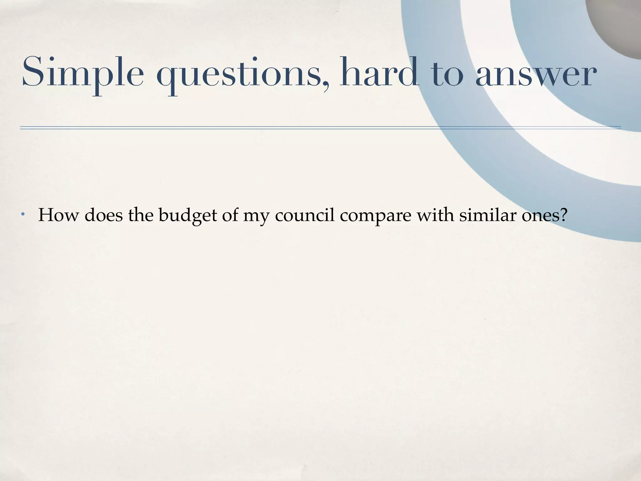 Simple questions, hard to answer


•   How does the budget of my council compare with similar ones?
 