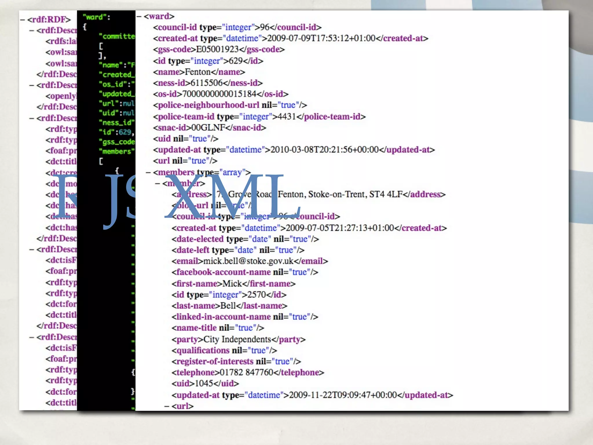 RDF
 JSON
   XML
 