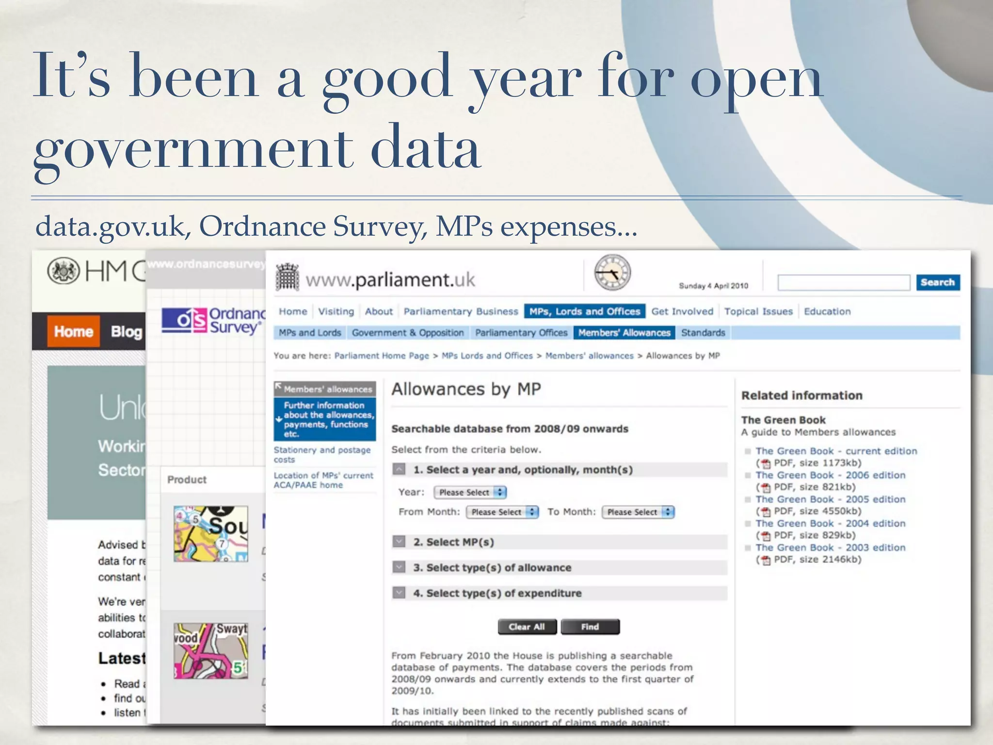 It’s been a good year for open
government data
data.gov.uk, Ordnance Survey, MPs expenses...
 