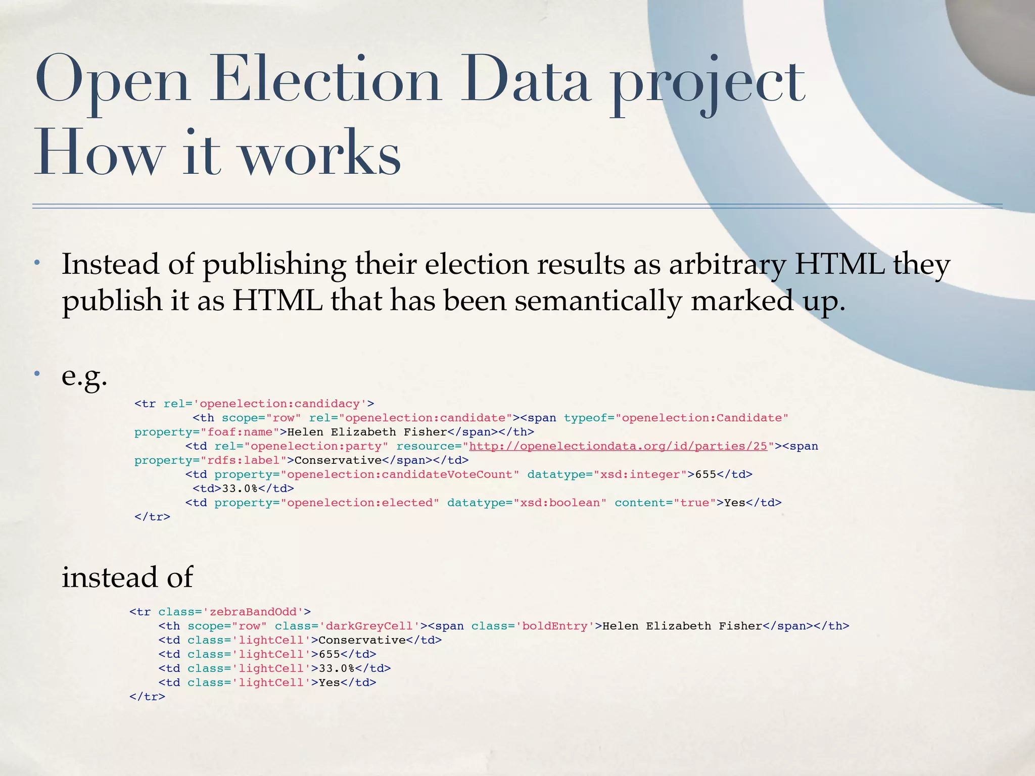 Open Election Data project
How it works
•   Instead of publishing their election results as arbitrary HTML they
    publish it as HTML that has been semantically marked up.

•   e.g.
           <tr rel='openelection:candidacy'>
                   <th scope="row" rel="openelection:candidate"><span typeof="openelection:Candidate"
           property="foaf:name">Helen Elizabeth Fisher</span></th>
               
 <td rel="openelection:party" resource="http://openelectiondata.org/id/parties/25"><span
           property="rdfs:label">Conservative</span></td>
               
 <td property="openelection:candidateVoteCount" datatype="xsd:integer">655</td>
                   <td>33.0%</td>
               
 <td property="openelection:elected" datatype="xsd:boolean" content="true">Yes</td>
           </tr>




    instead of
           <tr class='zebraBandOdd'>
               <th scope="row" class='darkGreyCell'><span class='boldEntry'>Helen Elizabeth Fisher</span></th>
               <td class='lightCell'>Conservative</td>
               <td class='lightCell'>655</td>
               <td class='lightCell'>33.0%</td>
               <td class='lightCell'>Yes</td>
           </tr>
 