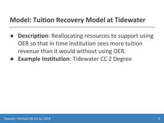 #openls | Portland OR 4-6 Jun 2014
Model: Tuition Recovery Model at Tidewater
● Description: Reallocating resources to support using
OER so that in time institution sees more tuition
revenue than it would without using OER.
● Example Institution: Tidewater CC Z Degree
6
 