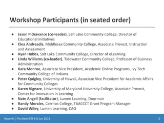 #openls | Portland OR 4-6 Jun 2014
Workshop Participants (in seated order)
● Jason Pickavance (co-leader), Salt Lake Community College, Director of
Educational Initiatives
● Clea Andreadis, Middlesex Community College, Associate Provost, Instruction
and Assessment
● Ryan Hobbs, Salt Lake Community College, Director of eLearning
● Linda Williams (co-leader), Tidewater Community College, Professor of Business
Administration
● Kara Monroe, Associate Vice President, Academic Online Programs, Ivy Tech
Community College of Indiana
● Peter Quigley, University of Hawaii, Associate Vice President for Academic Affairs
for Community Colleges
● Karen Vignare, University of Maryland University College, Associate Provost,
Center for Innovation in Learning
● Nate Angell (facilitator), Lumen Learning, Doorman
● Randy Morales, Cerritos College, TAACCCT Grant Program Manager
● David Wiley, Lumen Learning, CAO
2
 