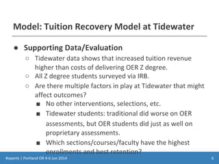 #openls | Portland OR 4-6 Jun 2014
Model: Tuition Recovery Model at Tidewater
● Supporting Data/Evaluation
○ Tidewater data shows that increased tuition revenue
higher than costs of delivering OER Z degree.
○ All Z degree students surveyed via IRB.
○ Are there multiple factors in play at Tidewater that might
affect outcomes?
■ No other interventions, selections, etc.
■ Tidewater students: traditional did worse on OER
assessments, but OER students did just as well on
proprietary assessments.
■ Which sections/courses/faculty have the highest
enrollments and best retention?
6
 