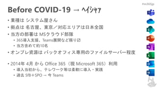 #m365jp
Before COVID-19 → ﾍｲｼｬｧ
• 業種は システム屋さん
• 拠点は 名古屋、東京／対応エリアは日本全国
• 当方の部署は MSクラウド部隊
• 365導入支援、Teams展開など賜り〼
• 当方含めて約10名
• オンプレ資源は バックオフィス専用のファイルサーバー程度
• 2014年 4月 から Office 365（現 Microsoft 365）利用
• 導入当初から、テレワーク等は柔軟に導入・実践
• 過去 SfB＋SPO → 今 Teams
 