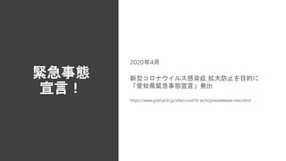 緊急事態
宣言！
2020年4月
新型コロナウイルス感染症 拡大防止を目的に
「愛知県緊急事態宣言」発出
https://www.pref.aichi.jp/site/covid19-aichi/pressrelease-mes.html
 