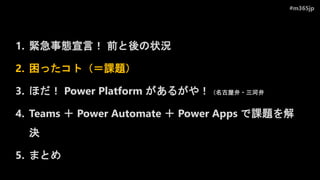 #m365jp
1. 緊急事態宣言！ 前と後の状況
2. 困ったコト（＝課題）
3. ほだ！ Power Platform があるがや！（名古屋弁・三河弁
4. Teams ＋ Power Automate ＋ Power Apps で課題を解
決
5. まとめ
 