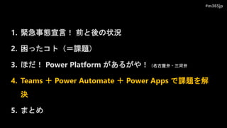 #m365jp
1. 緊急事態宣言！ 前と後の状況
2. 困ったコト（＝課題）
3. ほだ！ Power Platform があるがや！（名古屋弁・三河弁
4. Teams ＋ Power Automate ＋ Power Apps で課題を解
決
5. まとめ
 