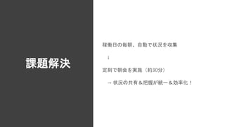 課題解決
稼働日の毎朝、自動で状況を収集
↓
定刻で朝会を実施（約30分）
→ 状況の共有＆把握が統一＆効率化！
 
