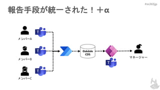 #m365jp
報告手段が統一された！＋α
メンバーA
メンバーB
メンバーC
マネージャー
Oakdale
CDS
 