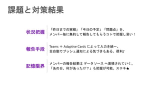 課題と対策結果
状況把握
「昨日までの実績」「今日の予定」「問題点」を、
メンバー毎に集約して報告してもらうコトで把握し易い！
報告手段
Teams ＋ Adaptive Cards によって入力を統一。
全自動でプッシュ通知による気づきもある。便利♪
記憶限界
メンバーの報告結果は データソース へ蓄積されていく。
「あの日、何があったけ？」も把握が可能。ステキ👍
 