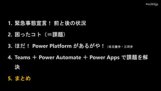 #m365jp
1. 緊急事態宣言！ 前と後の状況
2. 困ったコト（＝課題）
3. ほだ！ Power Platform があるがや！（名古屋弁・三河弁
4. Teams ＋ Power Automate ＋ Power Apps で課題を解
決
5. まとめ
 