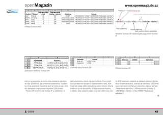openMagazin                                                                                                         www.openmagazin.cz




Příklad funkce AND


                                                                                                         Schéma funkce OR vložené jako argument funkce
                                                                                                         IF




                                                   Chybové stavy funkce OR                               Příklad funkce OR
Zobrazení definice funkce OR




který z pracovníků na konci roku dostane odměnu    opět podmínku, která má dvě kritéria. První krité-    ny 156 hodinám. Jestliže je alespoň jedno z těchto
ve výši 10000 Kč, ale změníme podmínku. V podni-   rium je dáno ve sloupci C Odpracováno roků, kde       dvou kritérií pravdivé, zobrazí se odměna 10000 Kč,
ku musí pracovat nejméně osm let nebo musí v mě-   musí být údaje větší nebo rovny osmi rokům. Druhé     není-li ani jedno kritérium pravdivé, zobrazí se text
síci listopadu odpracovat nejméně 156 hodin.       kritérium je ve sloupečku D Odpracované hodiny        „Nedostane odměnu“. Příklad vzorce z řádku 2:
 Funkci OR vnoříme do funkce IF a uděláme z ní     v měsíci, kde zadané údaje musí být větší nebo rov-   =IF(OR(C2>=8;D2>=156);10000;“Nedostane
                                                                                                         odměnu“)
                                                                                                                                                              Q




2/2009                                                                                                                                                   45
 