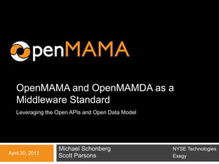 OpenMAMA and OpenMAMDA as a
   Middleware Standard
   Leveraging the Open APIs and Open Data Model




                  Michael Schonberg               NYSE Technologies
April 30, 2012
                  Scott Parsons                   Exegy
 