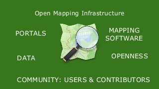 Open Mapping Infrastructure
PORTALS
DATA
COMMUNITY: USERS & CONTRIBUTORS
OPENNESS
MAPPING
SOFTWARE
 