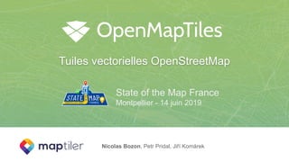 OpenMapTiles
Tuiles vectorielles OpenStreetMap
Nicolas Bozon, Petr Pridal, Jiří Komárek
State of the Map France
Montpellier - 14 juin 2019
 