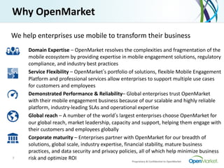 7
Why	
  OpenMarket
We	
  help	
  enterprises	
  use	
  mobile	
  to	
  transform	
  their	
  business
Domain	
  Expertise...