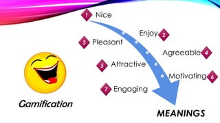 Nice
Enjoy
Pleasant
Agreeable
Attractive
Motivating
Engaging
Gamification
MEANINGS
1
6
7
4
5
2
3
 