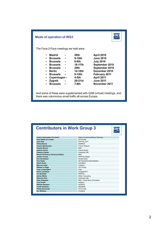 Mode of operation of WG3


The Face-2-Face meetings we held were

           •    Madrid    -           29th                  April 2010
           •    Brussels  -           9-10th                June 2010
           •    Brussels  -           8-9th                 July 2010
           •    Brussels  -           16-17th               September 2010
           •    Brussels  -           29th                  September 2010
           •    Berlin    -           14-16th               December 2010
           •    Brussels  -           9-10th                February 2011
           •    Copenhagen -          4-5th                 April 2011
           •    Zagreb    -           20-21st               June 2011
           •    Brussels  -           7-8th                 November 2011


And some of these were supplemented with G2M (virtual) meetings, and
there was voluminous email traffic all across Europe.
                                                                             2005 CEN – all rights reserved




Contributors in Work Group 3
Hubert Hohenstein (Co-Chair)            Chair e-Invoicing Alliance Germany
Dave Wallis (Co-Chair)                  OFS Portal
Jens Abol                               PEPPOL,DIFI
Phillip Benoit                          SERRES
Francis Berthomieu                      France Telecom
Charles Bryant                          EBA
Andrea Caccia                           Caccia Studio
Falasca Cristian                        Consorzio CBI
Mounir El-Khoury (Technical Editor)     MKE
Jostein Fromyr                          PEPPOL Edisys
Eva Hervidsson                          Nordea Bank
Paul Hojka                              UK Payments Administration
Sarah Hysen                             Swedbank
Marcus Laube                            Crossinx
William Le Sage                         OFS Portal
Tuija Lompolojärvi                      Tieto
Soren Lenartson                         Ooidata/SFTI
Tim McGrath                             PEPPOL
Adrian Müller                           Müller Consulting
Giacomo Paci                            Consorzio CBI
Peter Potgieser                         RBS - Royal Bank of Scotland
Toni Grossi                             Infodom
William Sanpiero                        SERRES
Cyrille Sauterau                        DESKOM
Phillip Schmandt                        OFS Portal
Ifor Williams                           Fundtech
                                                                             2005 CEN – all rights reserved




                                                                                                               2
 