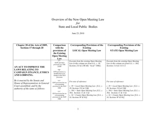 1
Overview of the New Open Meeting Law
for
State and Local Public Bodies
June 23, 2010
Chapter 28 of the Acts of 2009,
Sections 17 through 20
Comparison
with the
provisions of
the Existing
Open Meeting
Law
Corresponding Provisions of the
Existing
LOCAL Open Meeting Law
Corresponding Provisions of the
Existing
STATE Open Meeting Law
AN ACT TO IMPROVE THE
LAWS RELATING TO
CAMPAIGN FINANCE, ETHICS
AND LOBBYING.
Be it enacted by the Senate and
House of Representatives in General
Court assembled, and by the
authority of the same as follows:
“=”
NEW and OLD
provision are THE
SAME
“N”
NEW provision is a
modification of or
change in the OLD
provision
“>”
NEW provision has no
corresponding
provision in the OLD
OML
“<”
OLD provision has no
corresponding
provision in the NEW
OML
Excerpts from the existing Open Meeting
Law in this column are from G.L. c. 39,
Sections 23A & 23B (the “local” OML).
For ease of reference:
c. 39 = Local Open Meeting Law [G.L. c.
39, Sections 23A & 23B]
c. 30A = State Open Meeting Law [G.L. c.
30A, Sections 11 & 11A]
c. 34 = County Open Meeting Law [G.L. c.
34, Sections 9F & 9G]
Excerpts from the existing Open Meeting
Law in this column are from G.L. c. 30A,
Sections 11A & 11A-1/2
For ease of reference:
c. 39 = Local Open Meeting Law [G.L. c.
39, Sections 23A & 23B]
c. 30A = State Open Meeting Law [G.L. c.
30A, Sections 11 & 11A]
c. 34 = County Open Meeting Law [G.L. c.
34, Sections 9F & 9G]
 