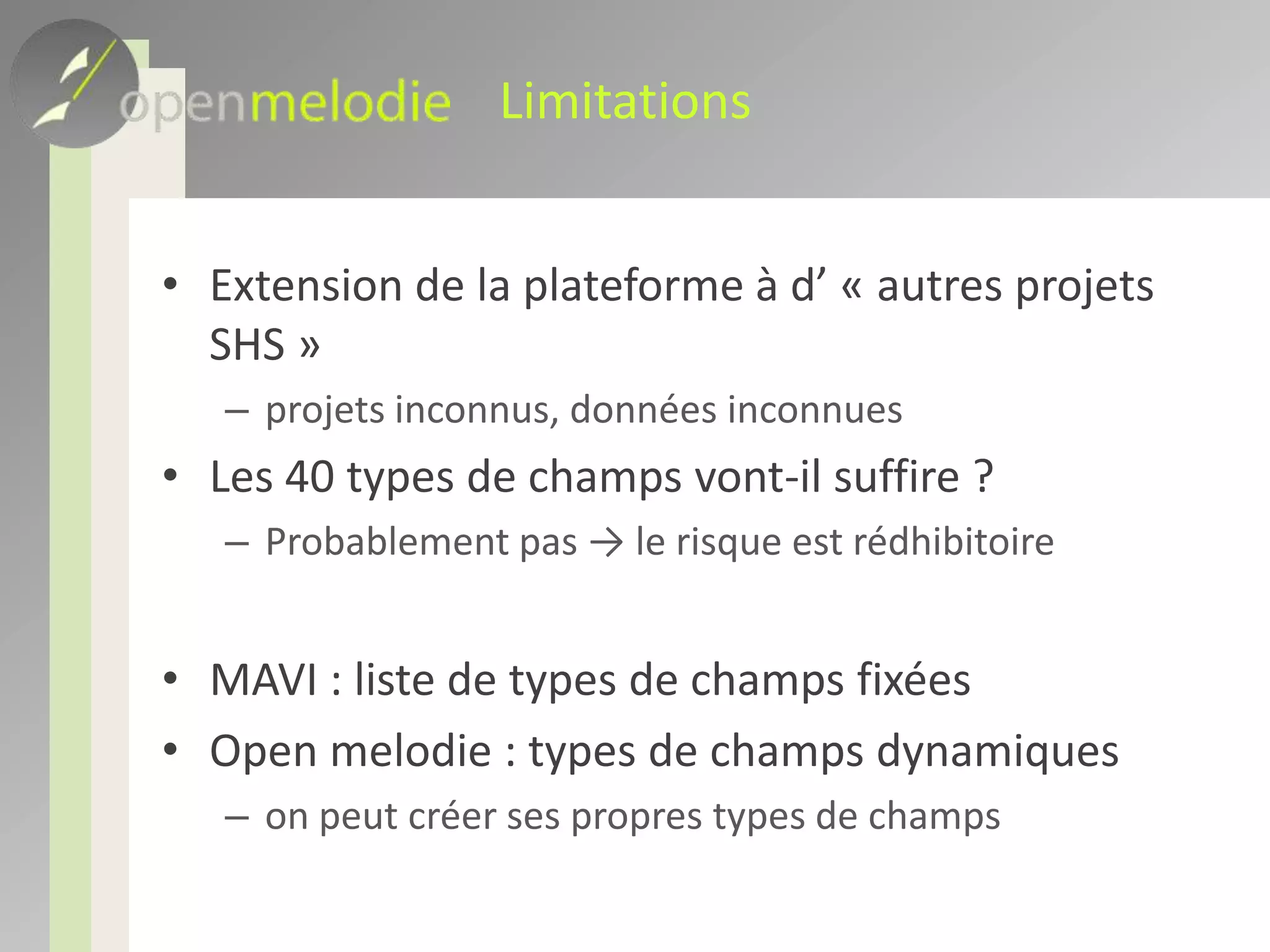 Processus d’indexation – 3Processus de création de corpus et d’objets dans Open melodieIdentification et création de types de champsCréation d’un corpusAjout de champs à ce corpusCréation d’objetsAttribution d’un objet à un ou plusieurs corpusIndexation des objets, corpus par corpus