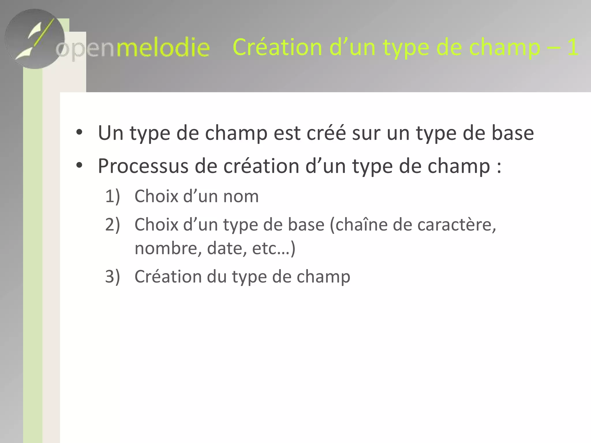 Données textuelles – 1Un texte peut être court ou longTous les textes gérés par Open melodie sont associés à une « locale » (norme ISO 639)Une locale est presque une langueUn texte peut être unilingue ou multilingueMultilingue : traduction exacte possible (cas des mots-clés)Unilingue : associé à une langue, pas de traduction exacte possible