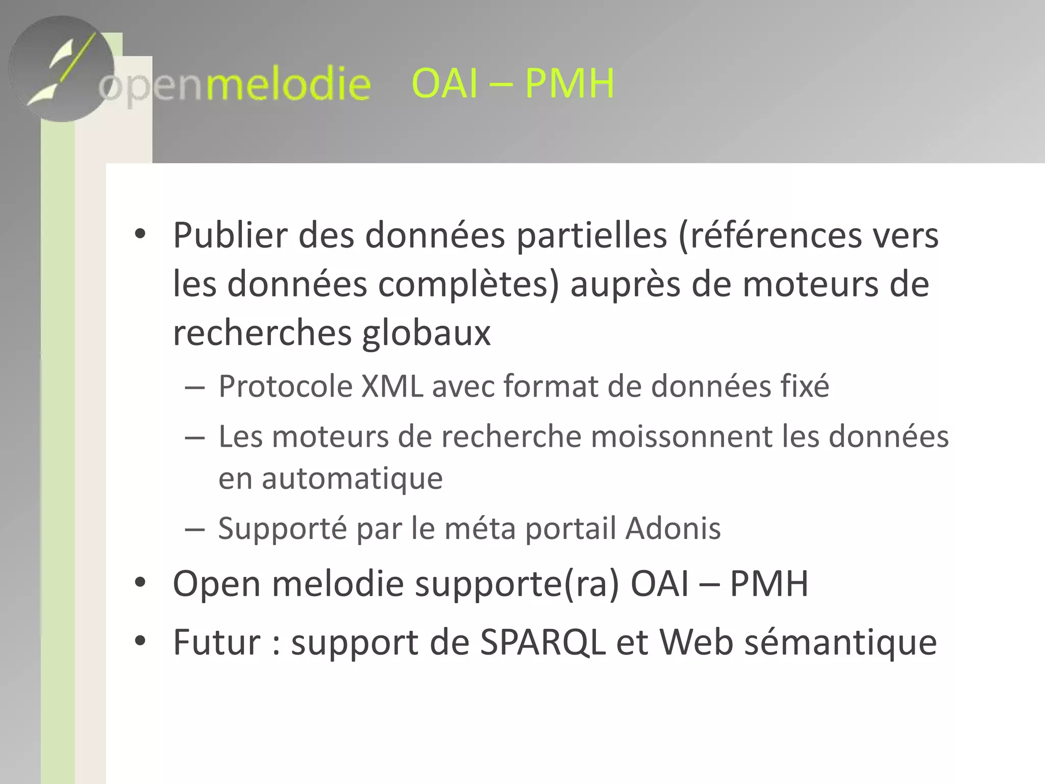 Processus de publicationProcessus global de création / publicationCréation de donnéesNOKValidationModificationsOKPublicationIHM publiqueOAI – PMHSPARQL / Web sémantique