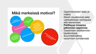 Mikä merkeissä motivoi?
VAPAAVALINTAISUUS
MERKIN SAAMINEN
YKSILÖLLISET
POLUT
JOUSTAVAT
TAVAT KEHITTÄÄ
OSAAMISTA
HENKILÖ-
KOHTAISTAMINEN
VERKOSTOT,
OSAAMISEN
KEHITTÄMINEN
YHDESSÄ JA
ASIANTUNTĲUUDEN
JAKAMINEN
OPITUN
SOVELTAMINEN
KÄYTÄNTÖÖN
• Oppimistulosten laatu ja
määrä
• Merkit visualisoivat sekä
vaihtoehtoiset opintopolut
että etenemisen
• Pelillisyys innostaa
jatkamaan oppimista
• Osaamisen osoittaminen
käytännössä
• Suunnitelmallista
osaamisen kehittämistä
 