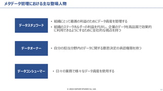 © 2024 DATUM STUDIO Co. Ltd. 11
メタデータ管理における主な登場人物
データスチュワード
データオーナー
データコンシューマー
• 組織にとって最善の利益のためにデータ資産を管理する
• 組織のステークホルダーの利益を代弁し、企業のデータを高品質で効果的
に利用できるようにするために全社的な視点を持つ
• 自分の担当分野内のデータに関する意思決定の承認権限を持つ
• 日々の業務で様々なデータ資産を使用する
 