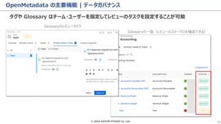 © 2024 DATUM STUDIO Co. Ltd. 23
OpenMetadata の主要機能 | データガバナンス
タグや Glossary はチーム・ユーザーを指定してレビューのタスクを設定することが可能
Glossaryのレビュータスク
Glossaryの一覧（レビューのステータスを確認できる）
 