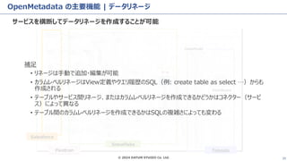© 2024 DATUM STUDIO Co. Ltd. 25
OpenMetadata の主要機能 | データリネージ
サービスを横断してデータリネージを作成することが可能
Salesforce
Snowflake
Tabealu
Fivetran
DataModel
マート
DashBoard
補足
• リネージは手動で追加・編集が可能
• カラムレベルリネージはView定義やクエリ履歴のSQL（例: create table as select …）からも
作成される
• テーブルやサービス間リネージ、またはカラムレベルリネージを作成できるかどうかはコネクター（サービ
ス）によって異なる
• テーブル間のカラムレベルリネージを作成できるかはSQLの複雑さによっても変わる
 