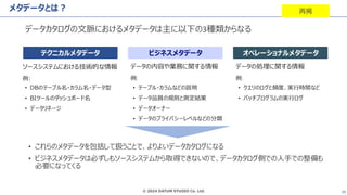© 2024 DATUM STUDIO Co. Ltd. 29
メタデータとは？
データカタログの文脈におけるメタデータは主に以下の3種類からなる
テクニカルメタデータ ビジネスメタデータ オペレーショナルメタデータ
ソースシステムにおける技術的な情報
例:
• DBのテーブル名・カラム名・データ型
• BIツールのダッシュボード名
• データリネージ
データの内容や業務に関する情報
例:
• テーブル・カラムなどの説明
• データ品質の規則と測定結果
• データオーナー
• データのプライバシーレベルなどの分類
データの処理に関する情報
例:
• クエリのログと頻度、実行時間など
• バッチプログラムの実行ログ
• これらのメタデータを包括して扱うことで、よりよいデータカタログになる
• ビジネスメタデータは必ずしもソースシステムから取得できないので、データカタログ側での人手での整備も
必要になってくる
再掲
 