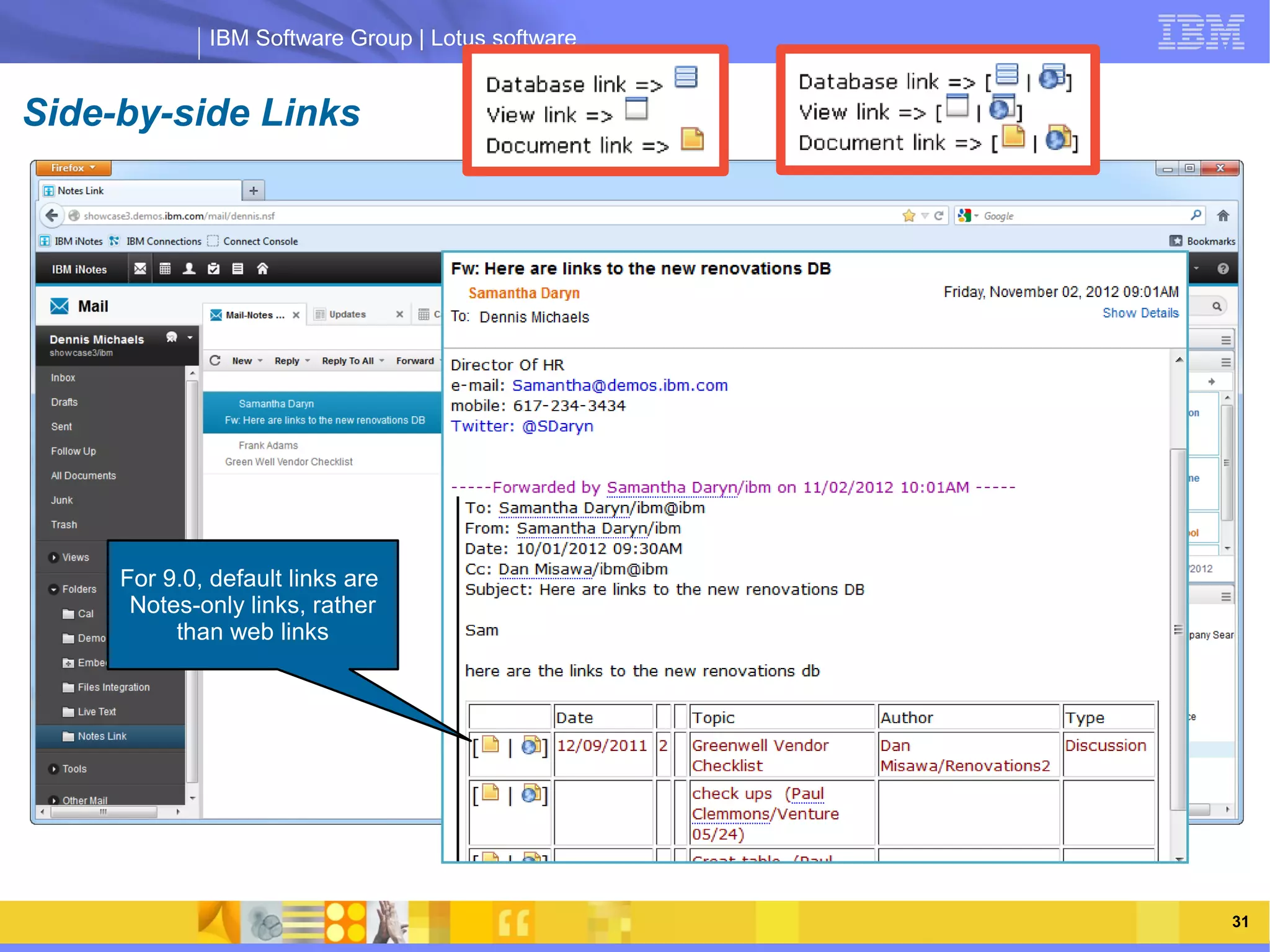 IBM Software Group | Lotus software


Side-by-side Links




                   IBM Software Group | Lotus software

     For 9.0, default links are
      Notes-only links, rather
          than web links




                                                         31
 