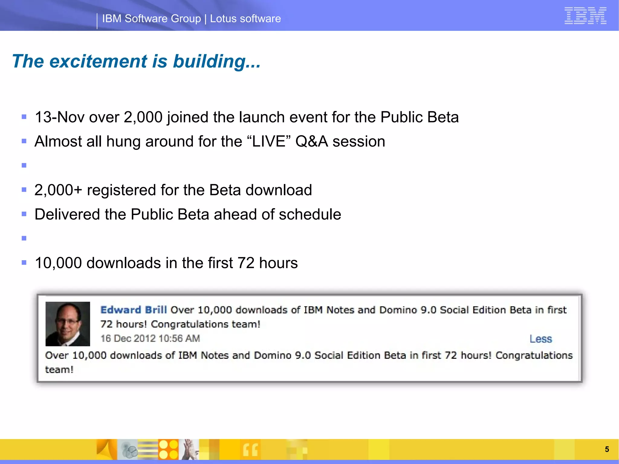 IBM Software Group | Lotus software



The excitement is building...

  13-Nov over 2,000 joined the launch event for the Public Beta
  Almost all hung around for the “LIVE” Q&A session
 
  2,000+ registered for the Beta download
  Delivered the Public Beta ahead of schedule
                IBM Software Group | Lotus software
  10,000 downloads in the first 72 hours




                                                                   5
 